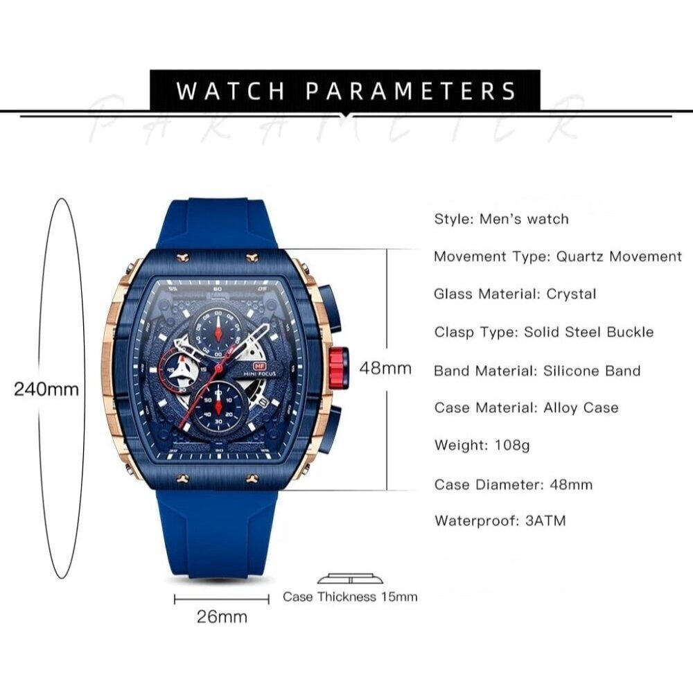 AIMES Blue Men Fashion Wristwatch Large Dial Luminous Waterproof Silicon Strap - Picture 6 of 7